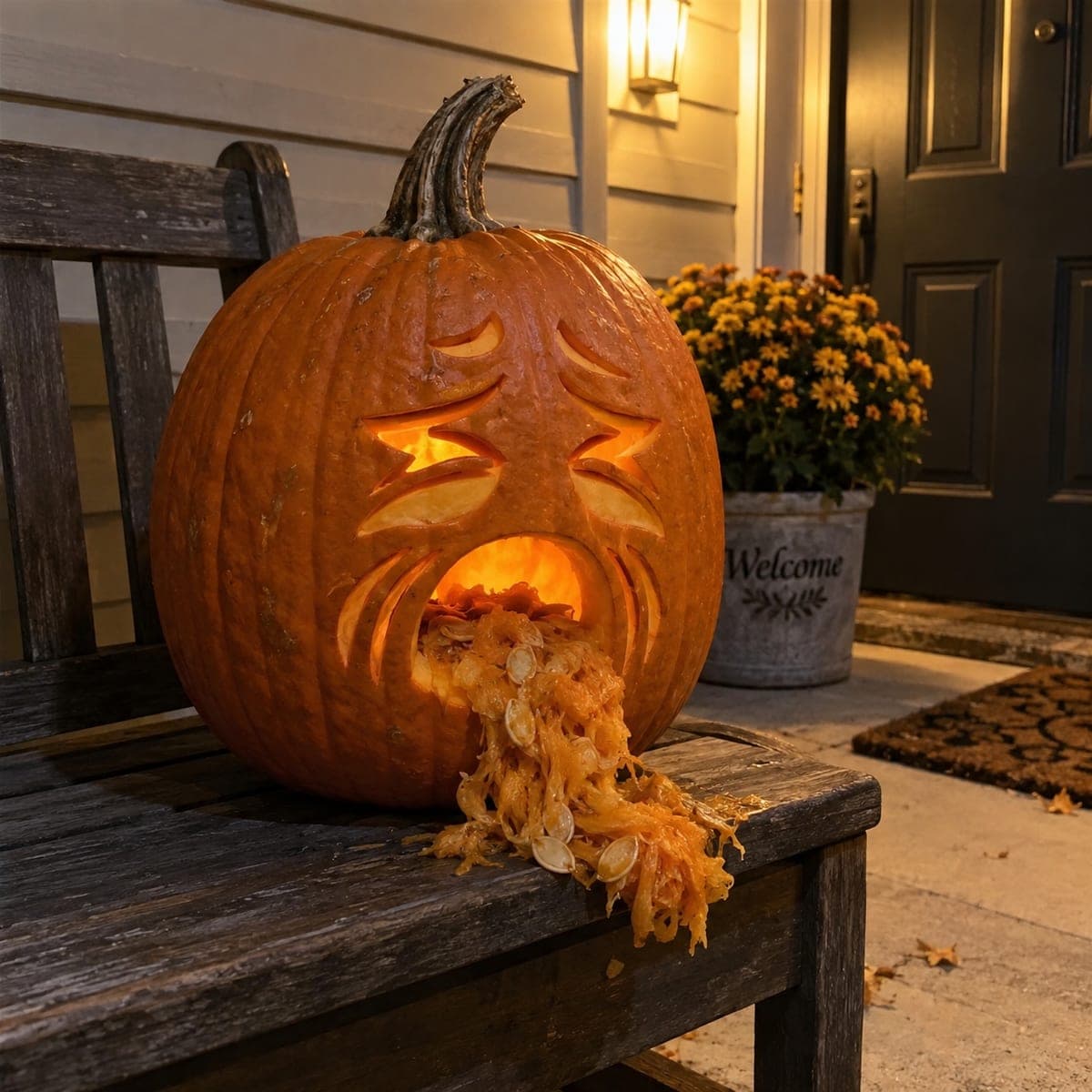 Queasy Puking Pumpkin With Carved Sick Face