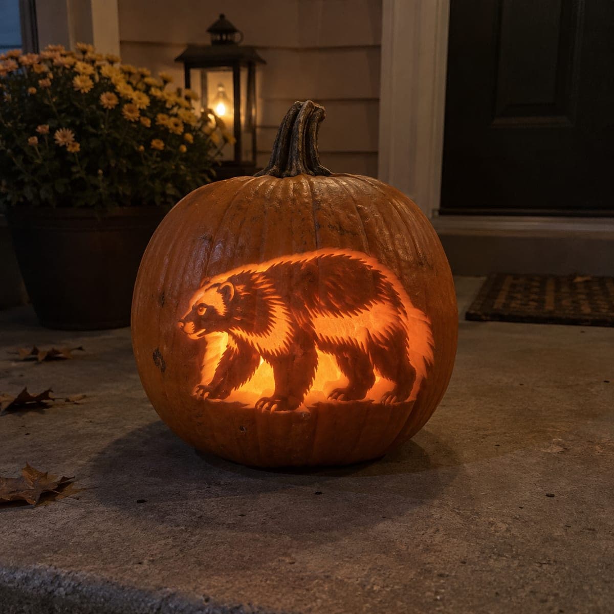Walking Black Bear Etched Jack-O-Lantern