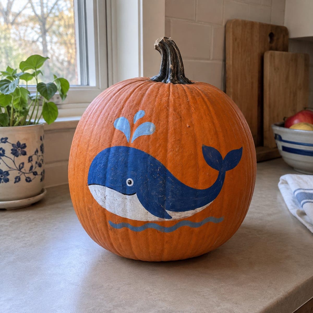 Cheerful Blue Whale Painted Pumpkin