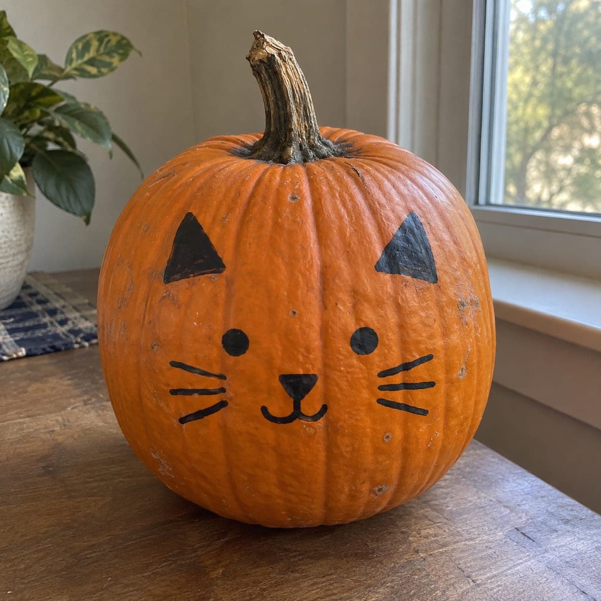 Simple Black Cat Face Painted Pumpkin