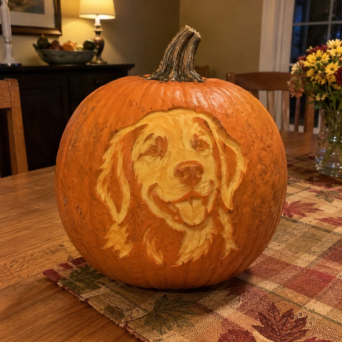 Golden Retriever Relief Carved Pumpkin Portrait