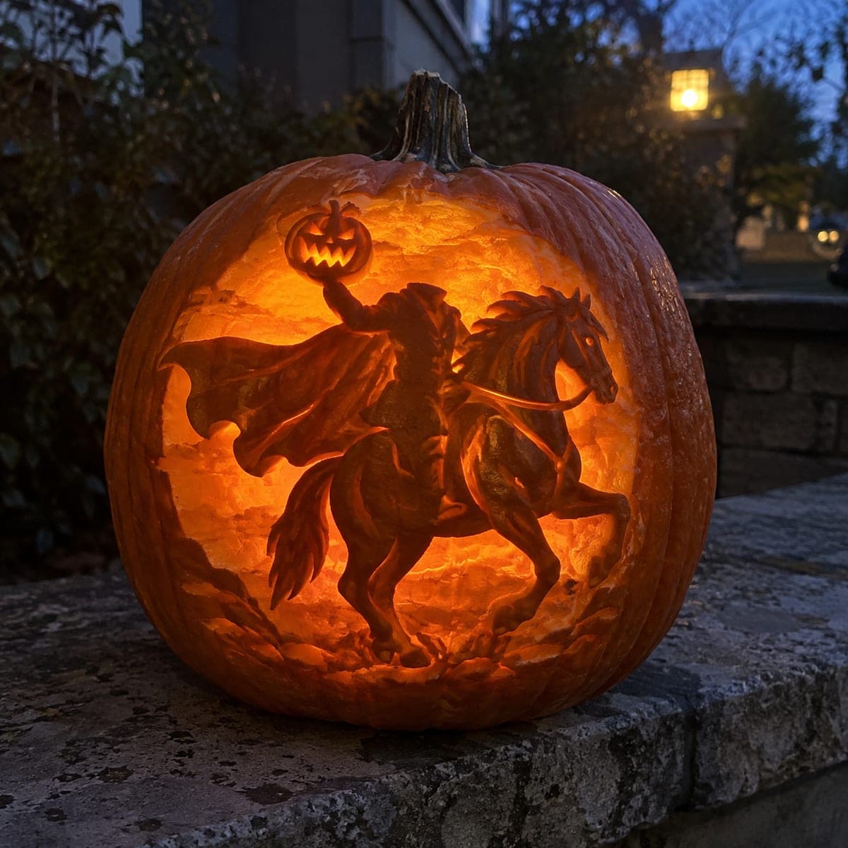 Headless Horseman Riding at Dusk Pumpkin Scene