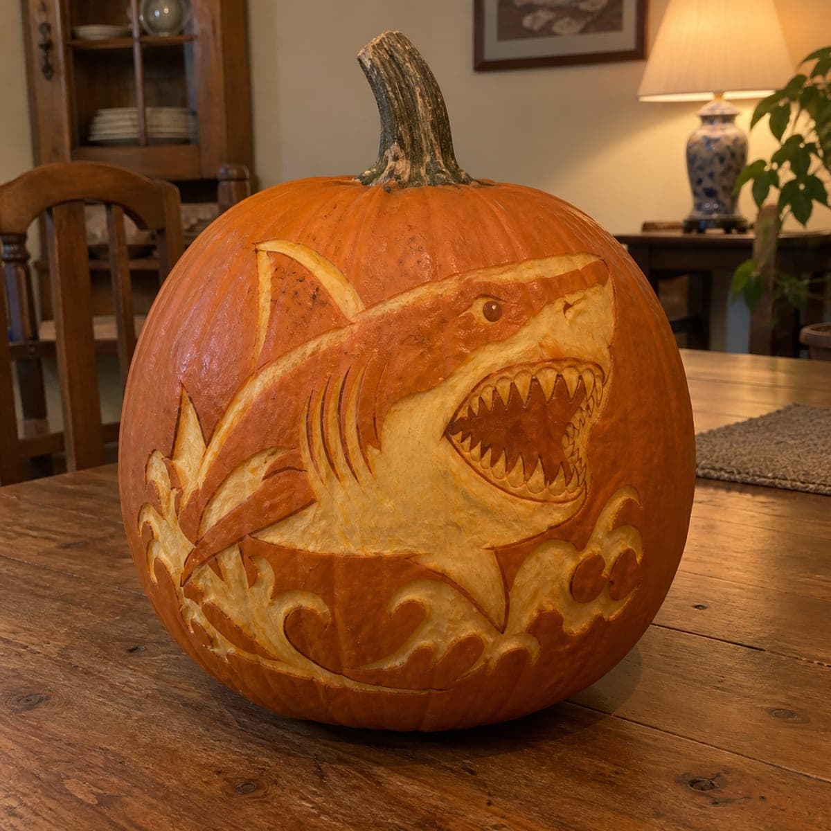 Great White Shark Attack Carved Pumpkin