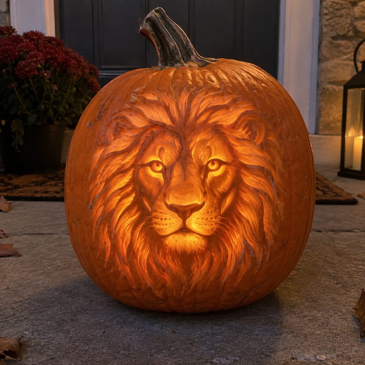 Majestic Lion Face Etched Jack-O-Lantern