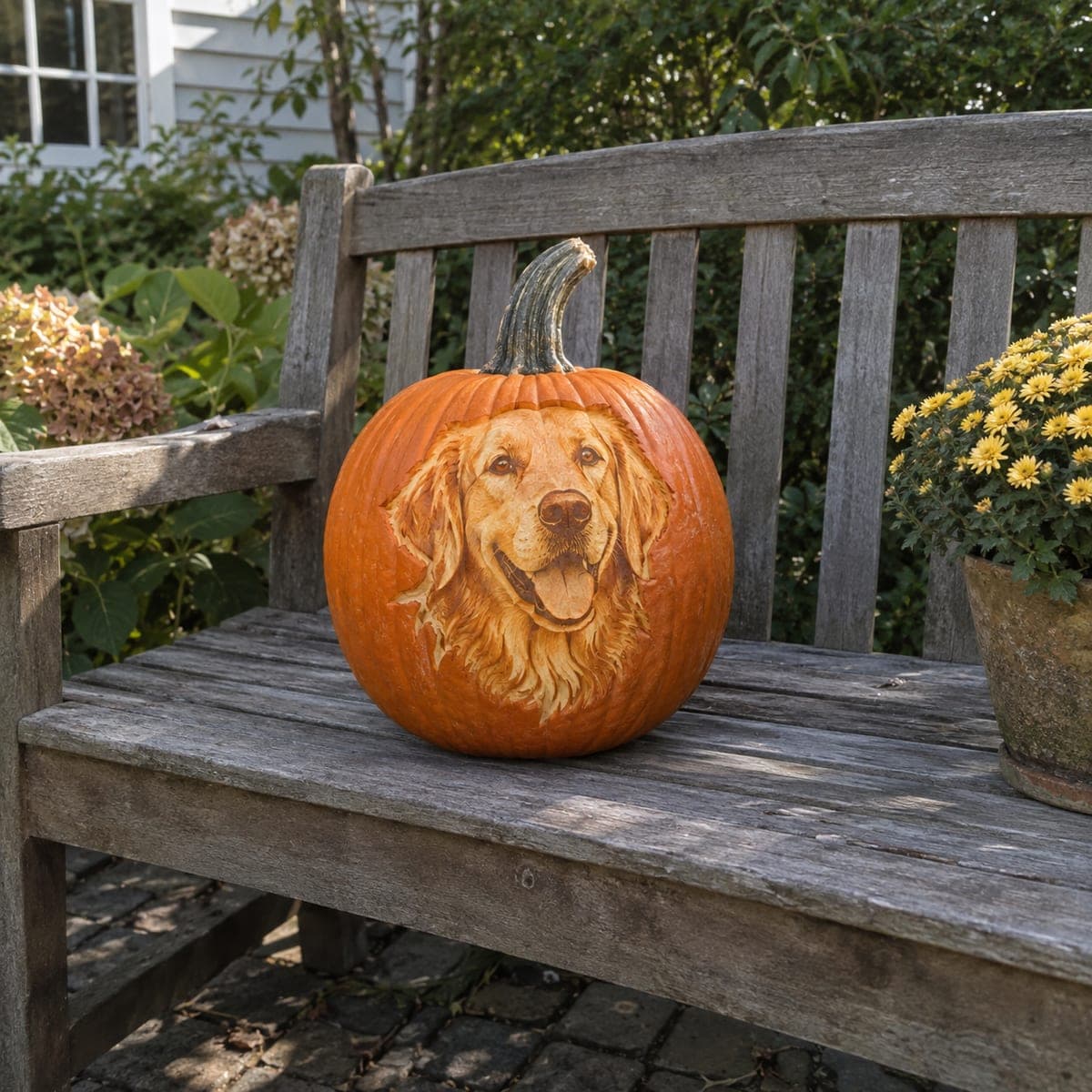 Sunlit Golden Retriever Portrait Pumpkin