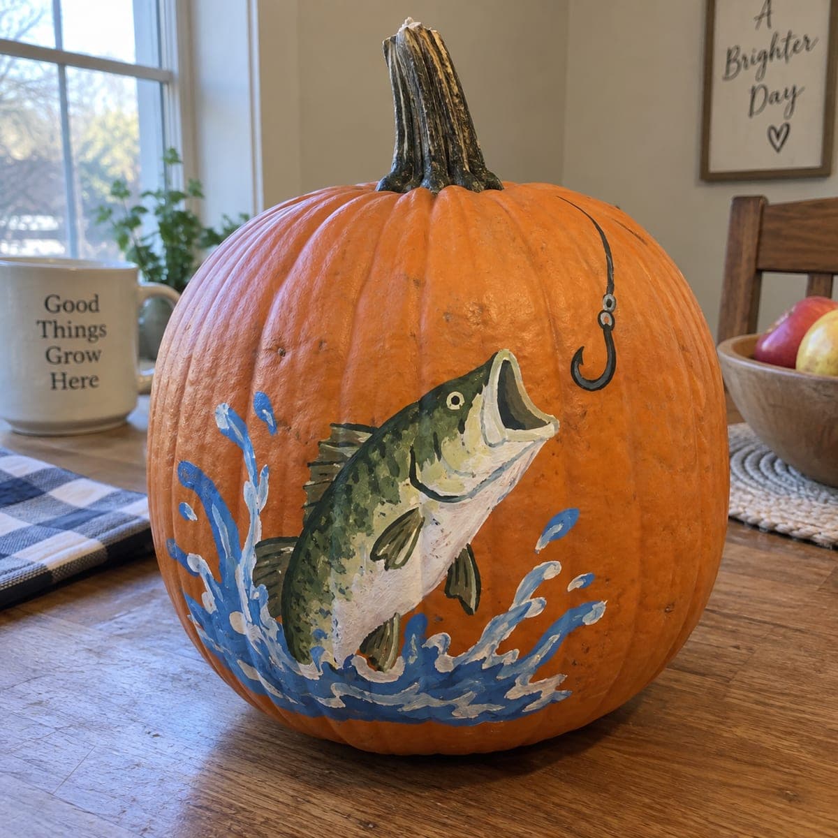 Leaping Bass and Fishhook Painted Pumpkin