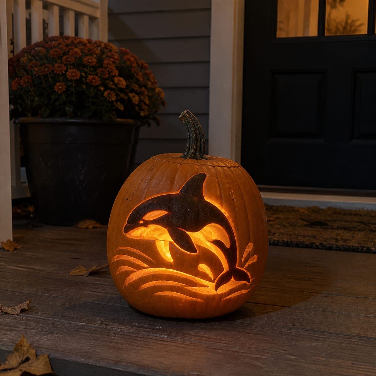 Breaching Orca Whale Jack-O-Lantern With Waves