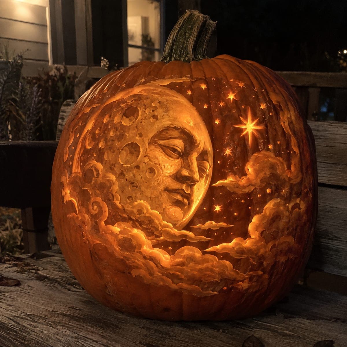 Man in the Moon Carved Pumpkin With Clouds