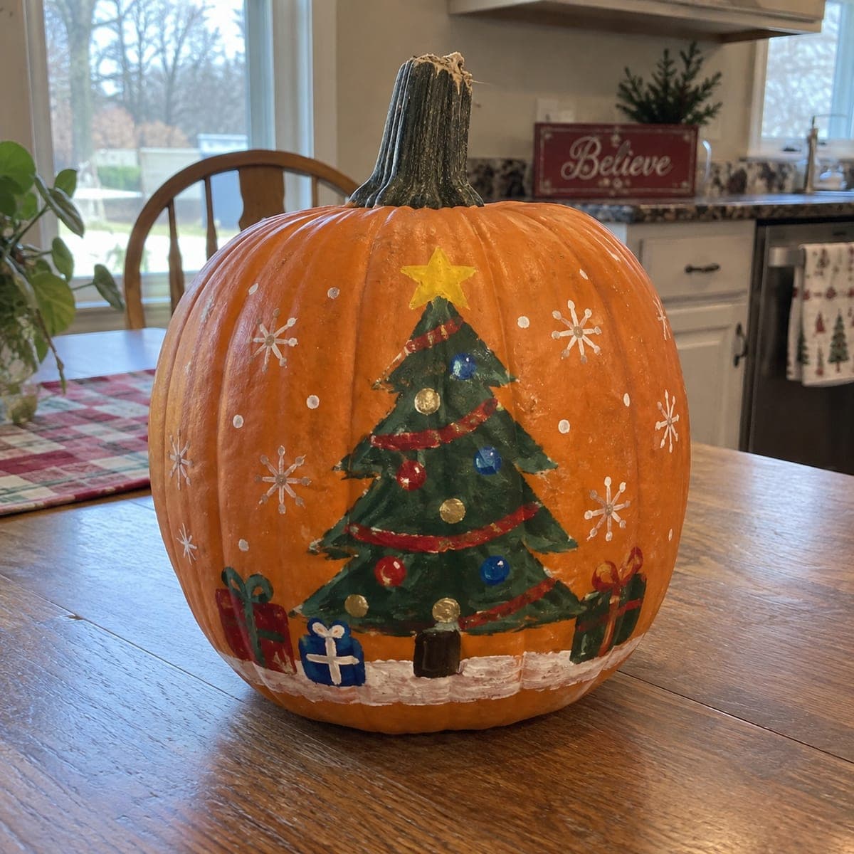 Snowy Christmas Tree Painted Pumpkin