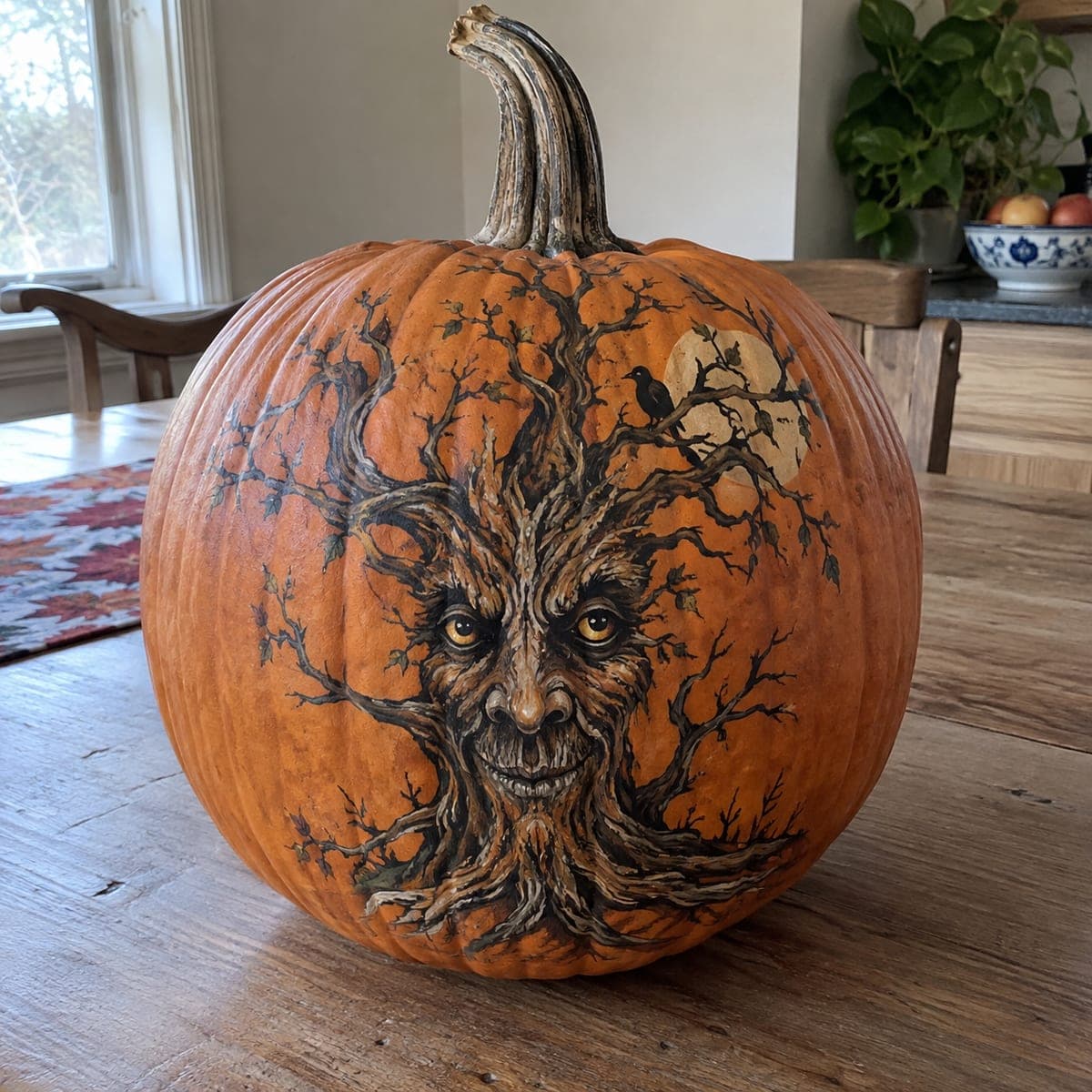 Haunted Tree Spirit Painted Pumpkin With Raven