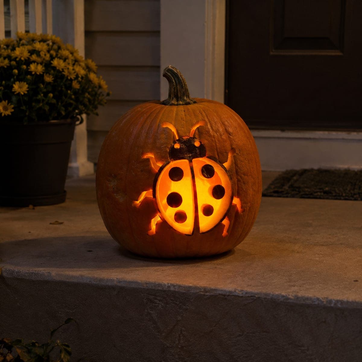 Glowing Ladybug Carved Pumpkin for the Porch