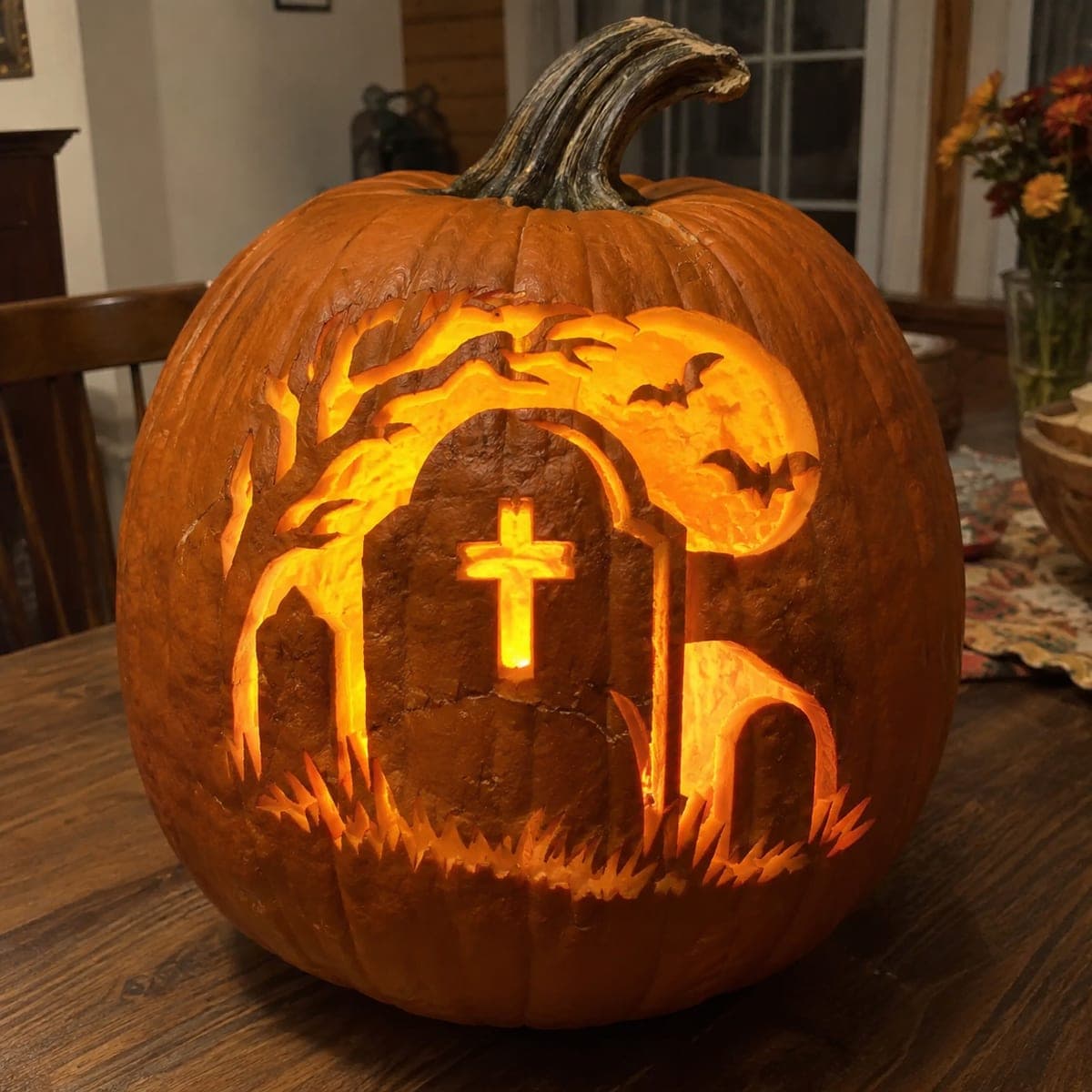 Graveyard Gate and Tombstone Jack-O-Lantern Scene