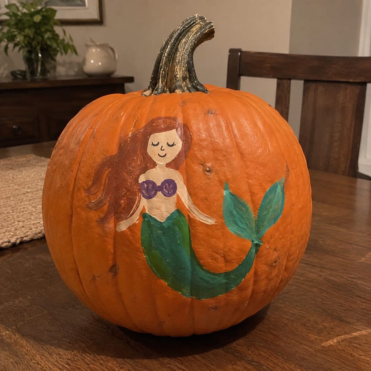 Hand-Painted Mermaid Pumpkin With Flowing Red Hair