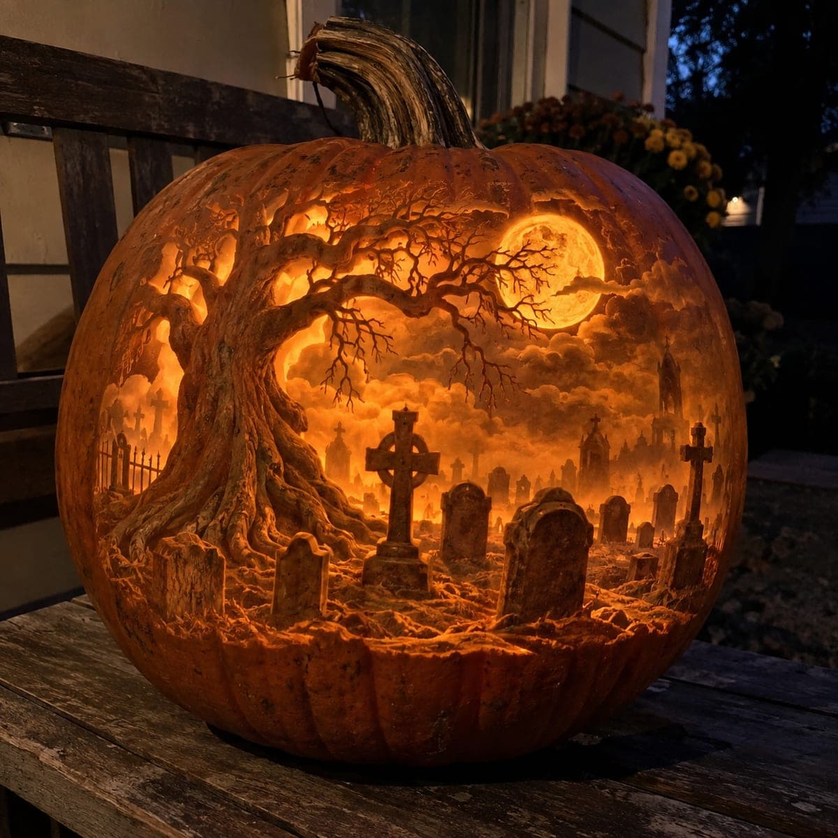 Moonlit Graveyard Under an Ancient Oak Pumpkin Carving