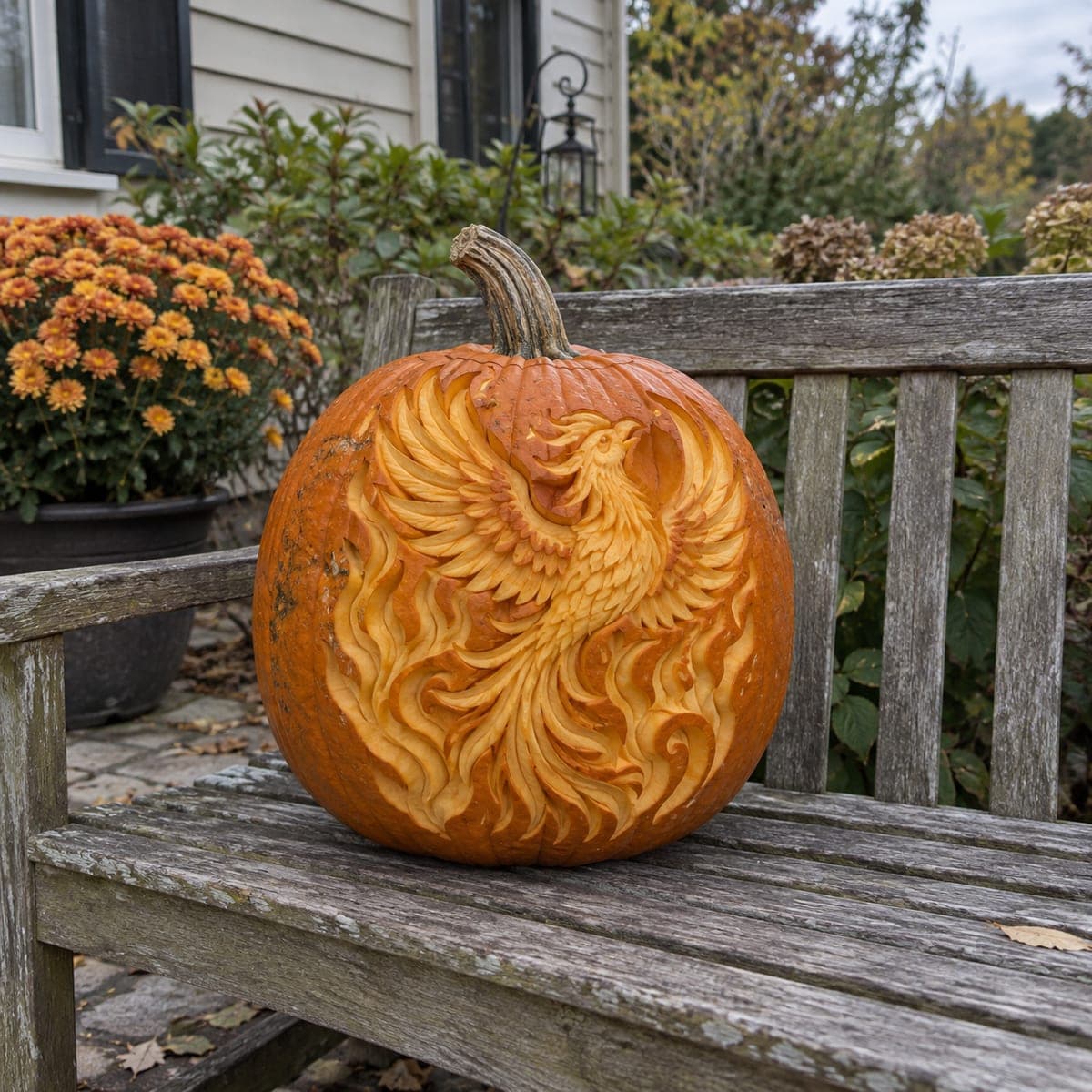 Rising Phoenix Relief Carved Pumpkin
