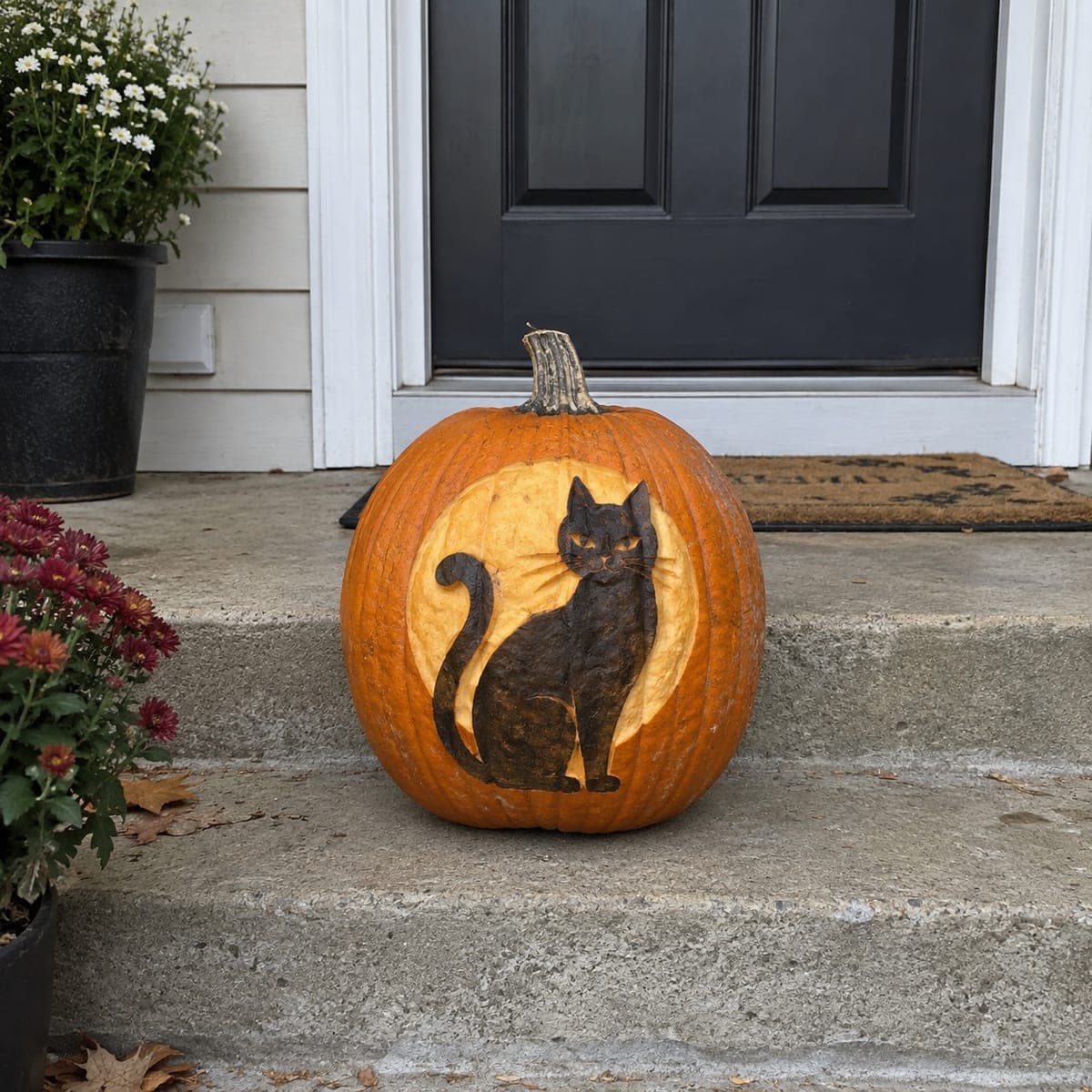 Black Cat Sitting Before a Golden Moon Pumpkin