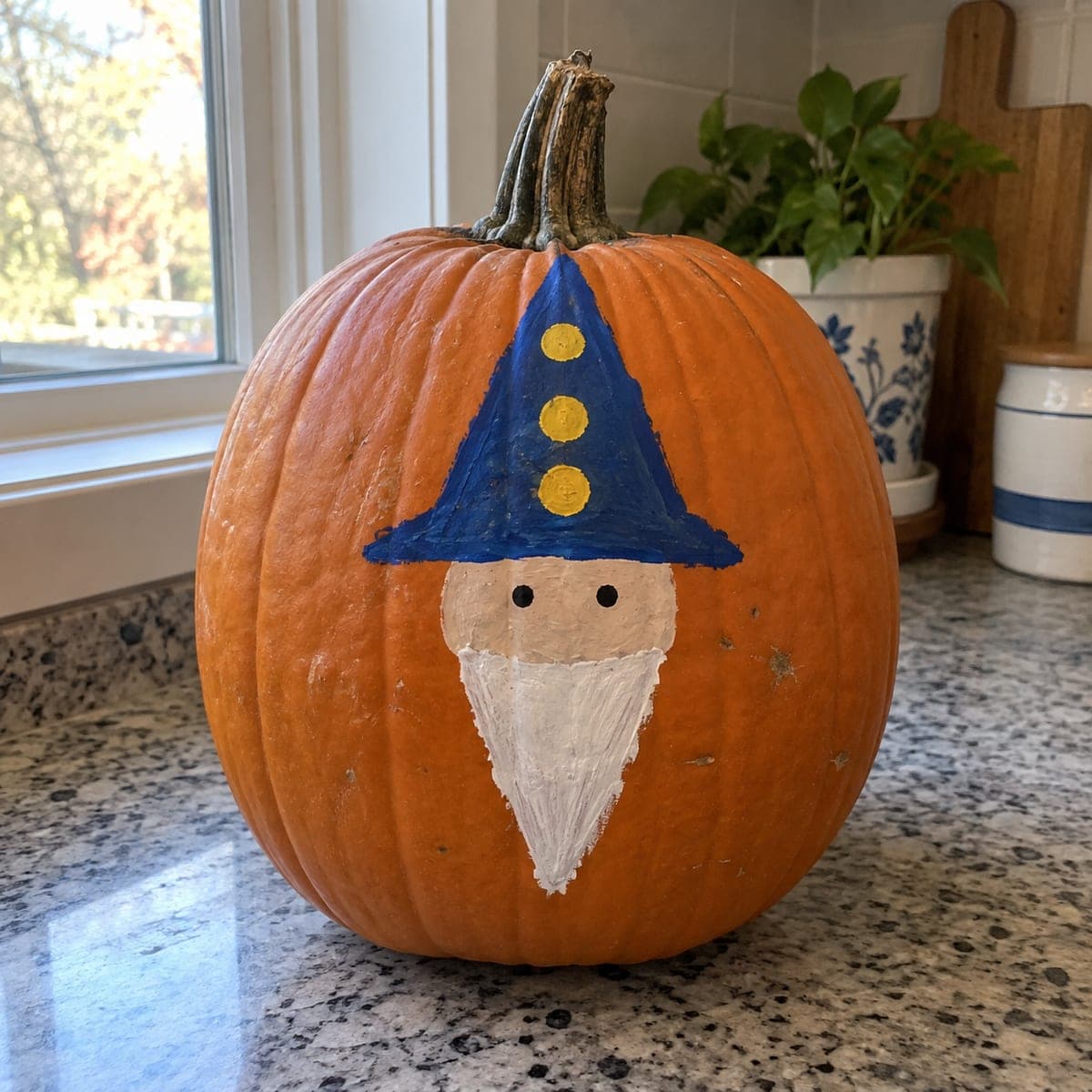 Blue-Hat Wizard Gnome Painted Pumpkin