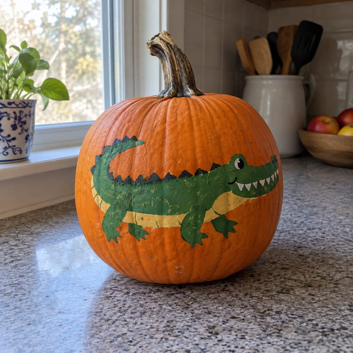 Cheerful Green Alligator Painted Pumpkin