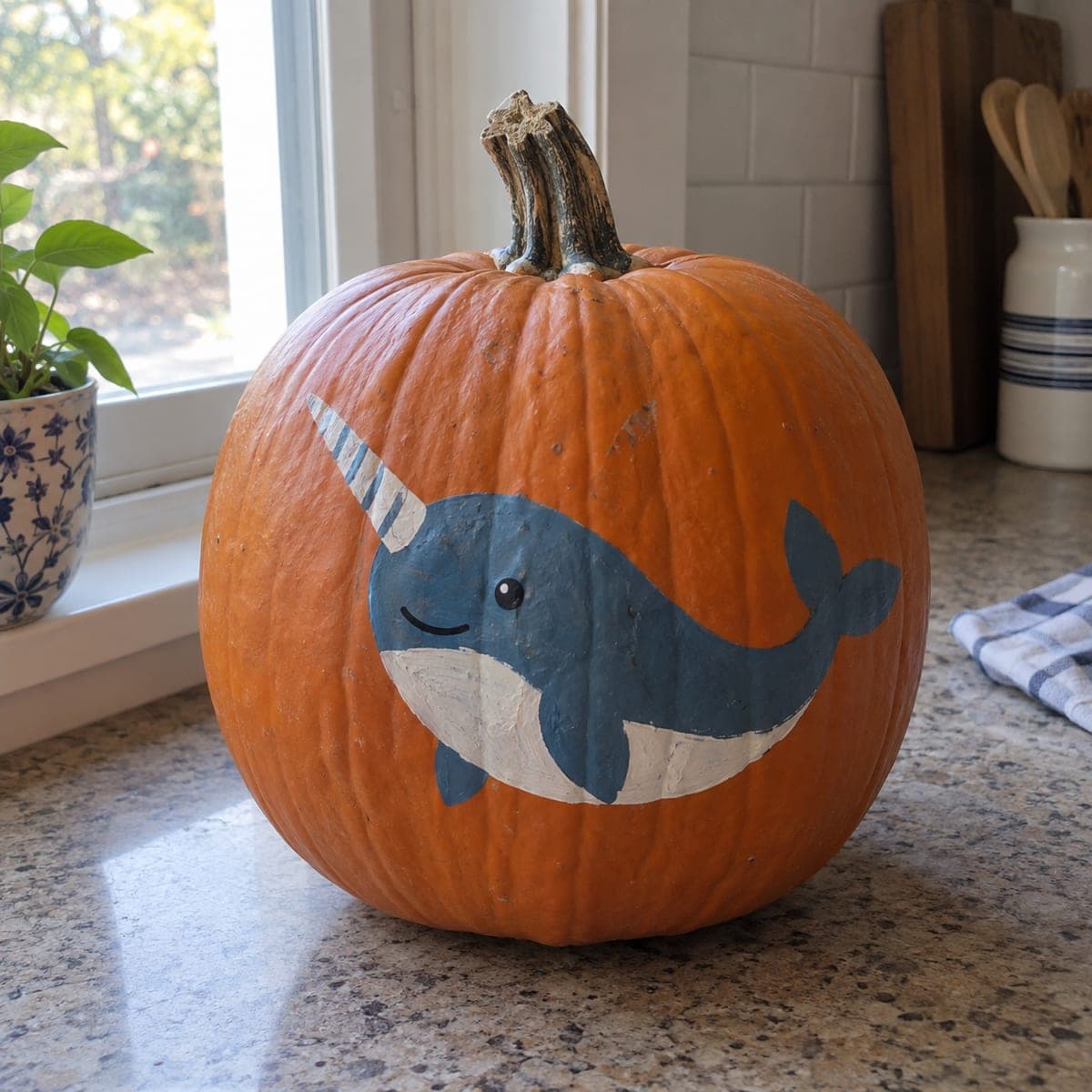 Winking Narwhal No-Carve Painted Pumpkin