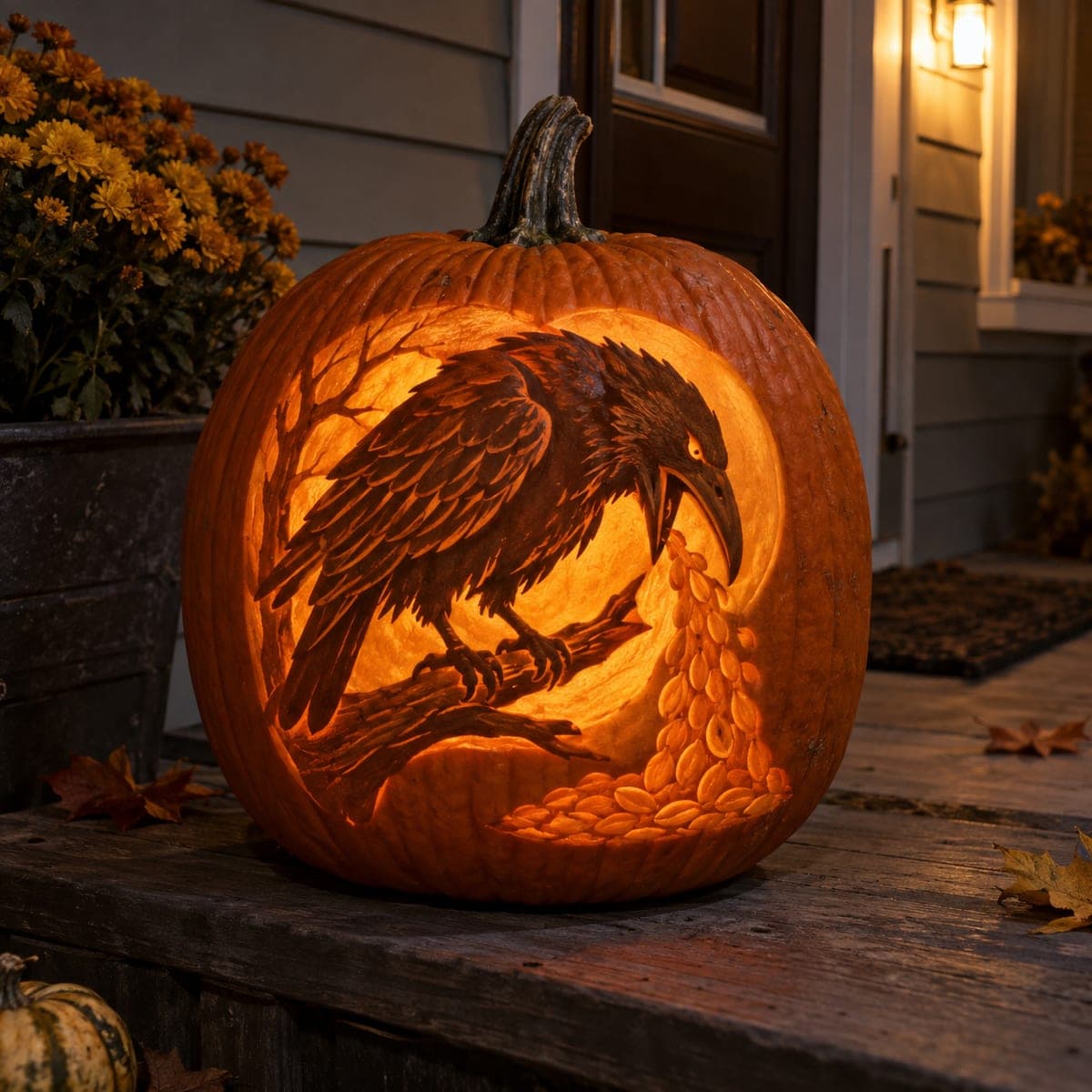 Perched Raven Spilling Seeds Jack-O-Lantern