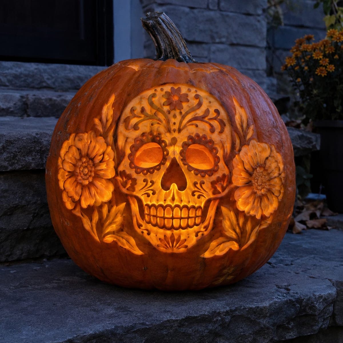Sugar Skull and Marigold Day of the Dead Pumpkin