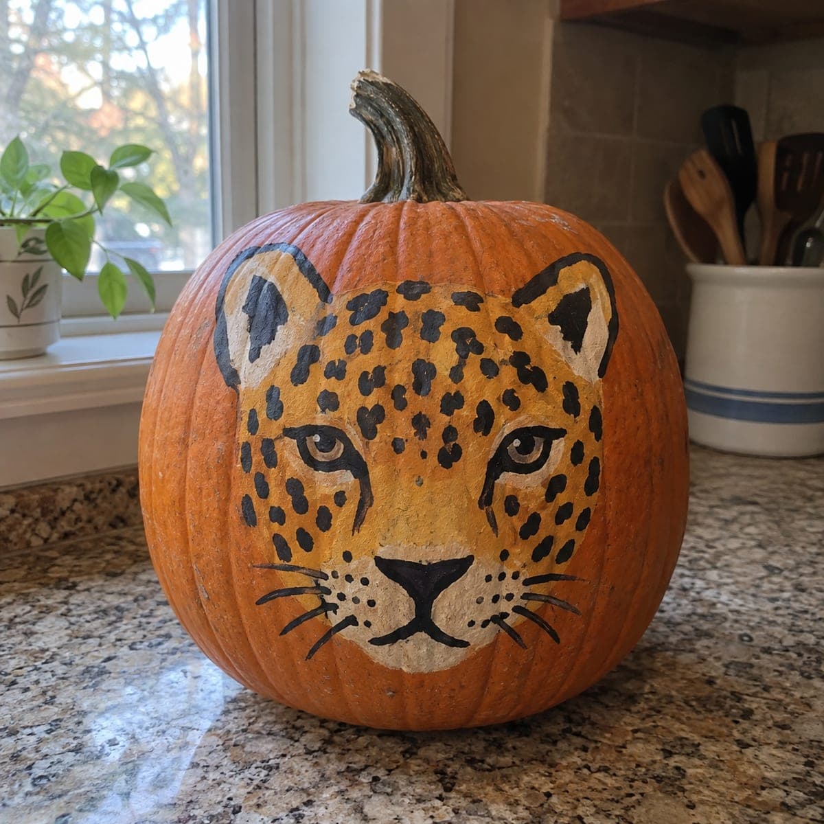 Leopard Face Painted Pumpkin With Realistic Spots
