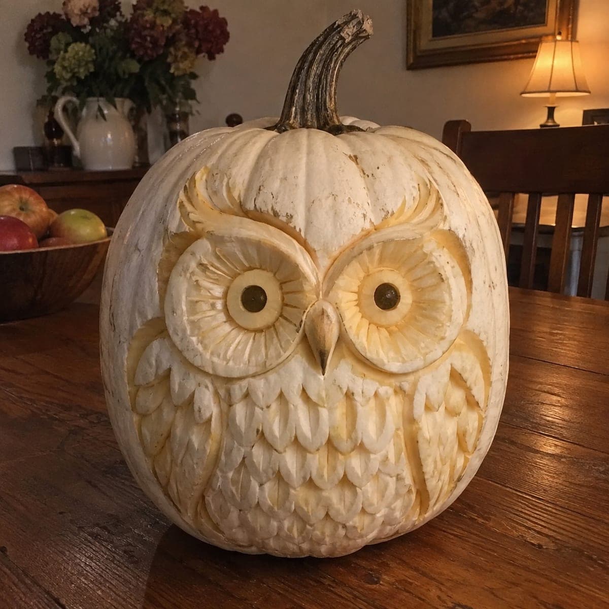 White Pumpkin Owl Sculpture With Feathered Layers