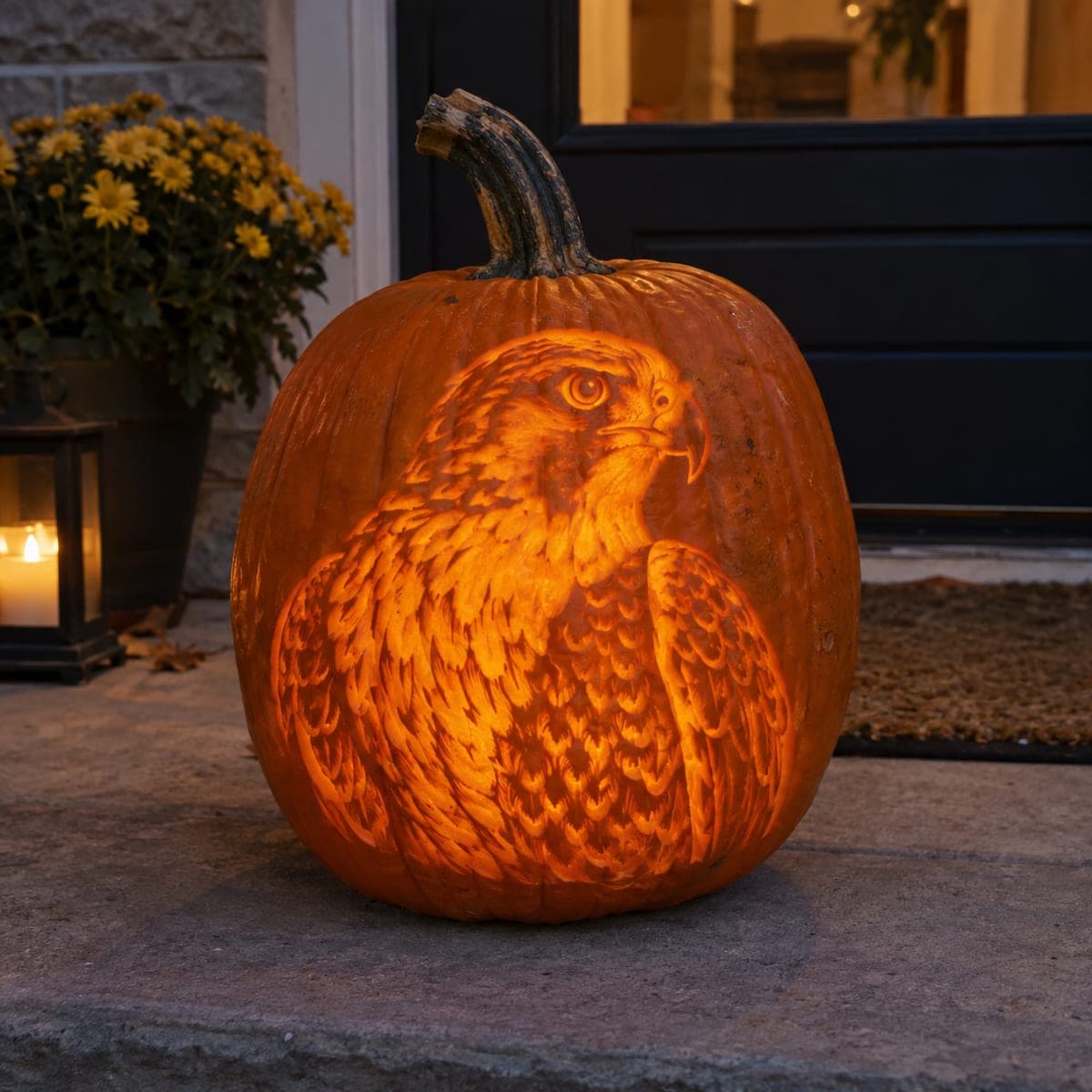 Majestic Hawk Portrait Etched Pumpkin Carving
