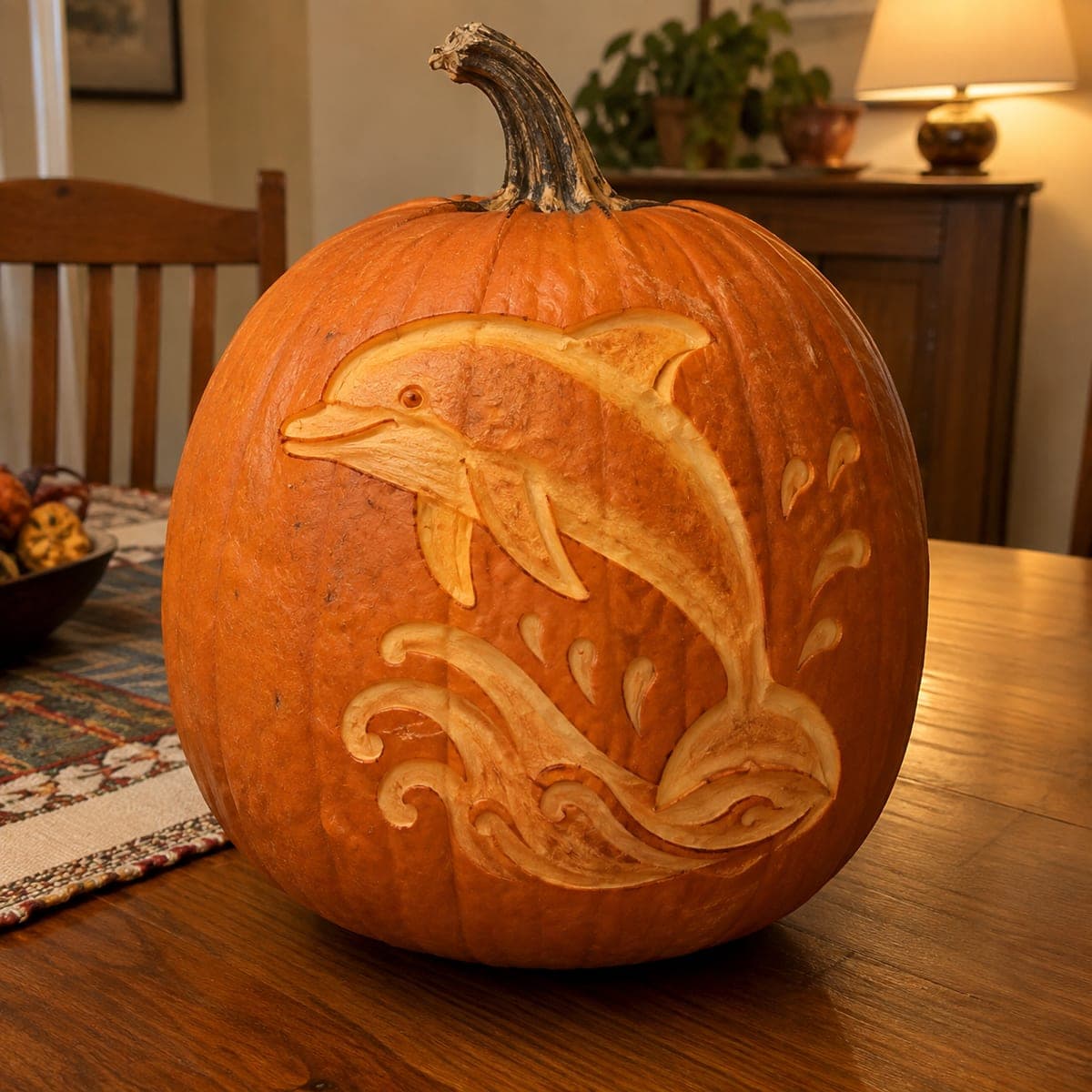 Dolphin Riding a Wave Etched Pumpkin
