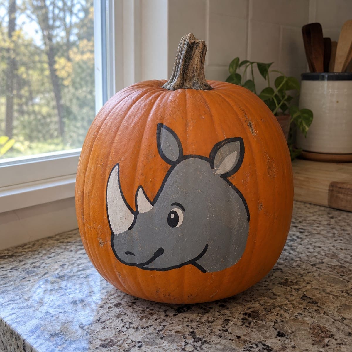 Friendly Cartoon Rhino Painted Pumpkin