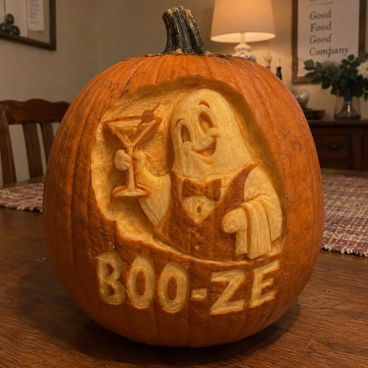 BOO-ZE Ghost Bartender Relief Carved Pumpkin