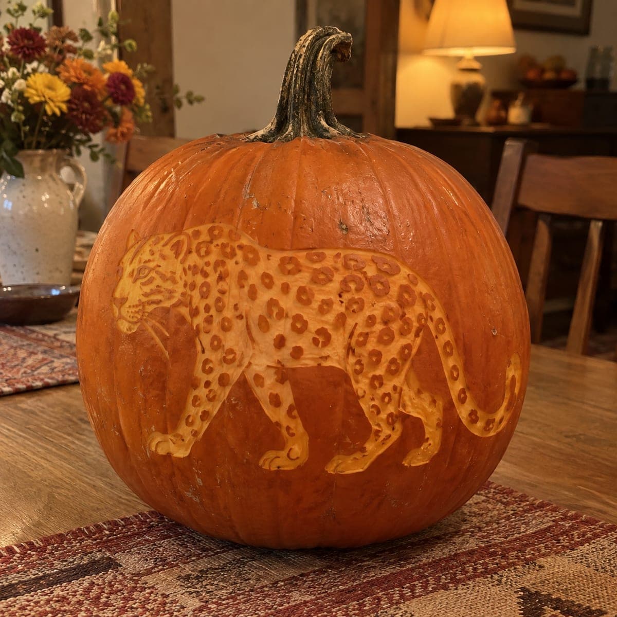 Prowling Leopard Full-Body Etched Pumpkin