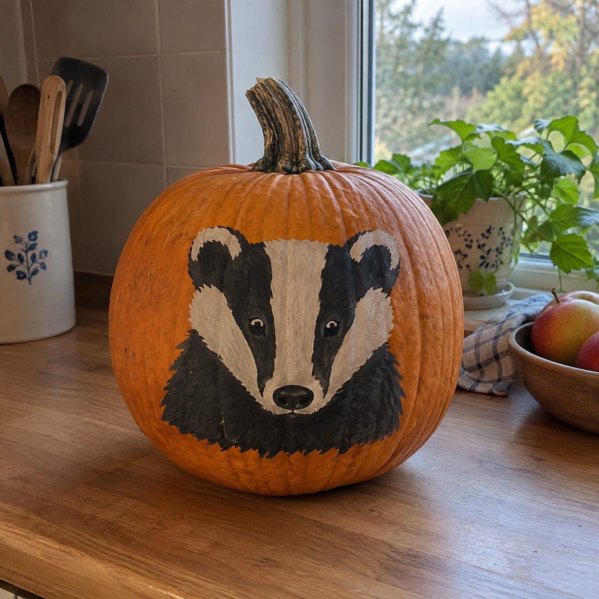 Woodland Badger Painted Pumpkin Portrait