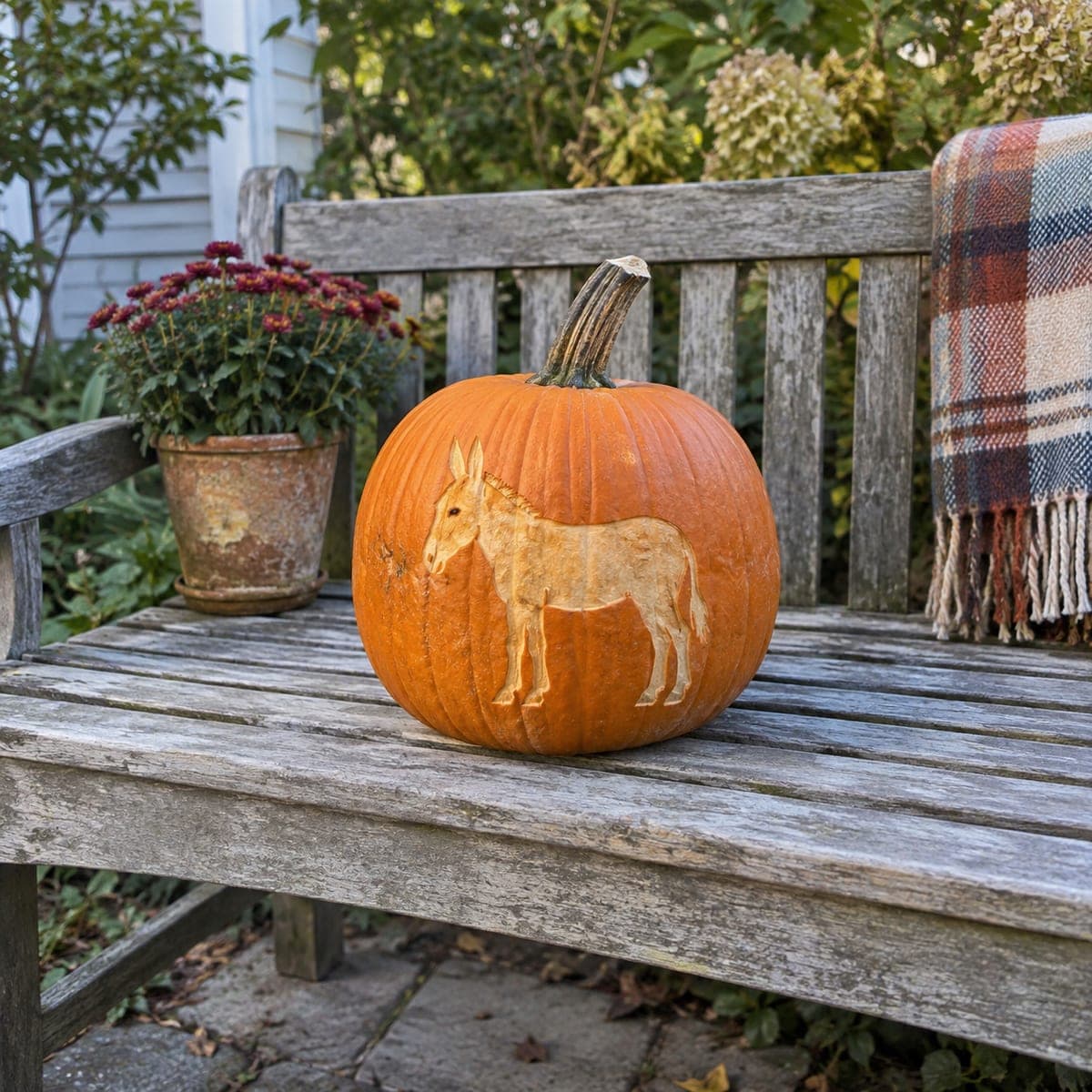 Rustic Donkey Etched Pumpkin Carving Idea