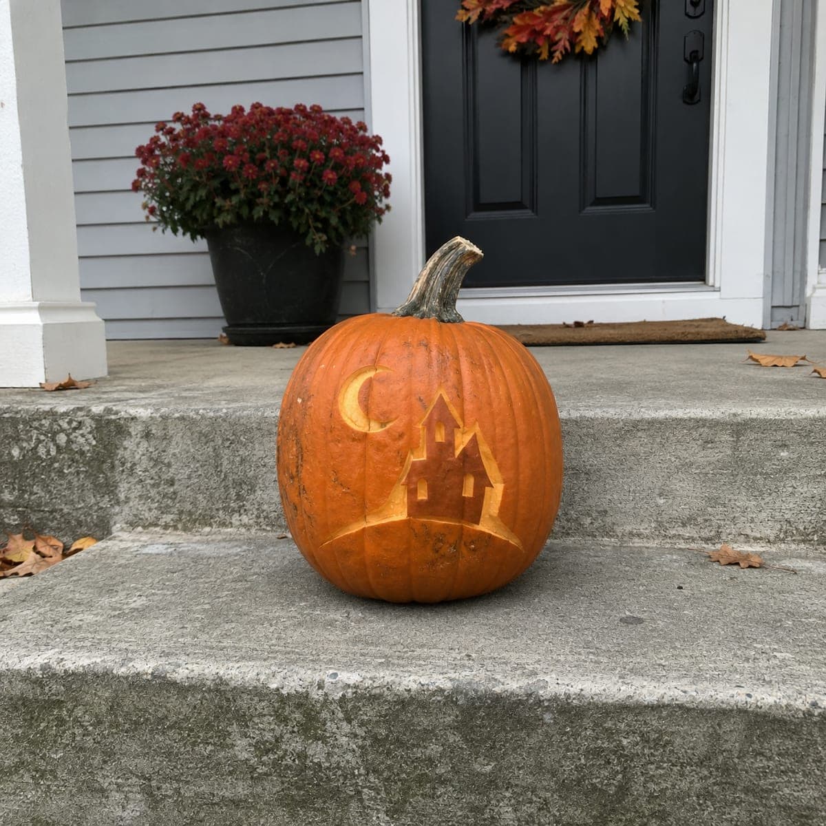 Simple Haunted House and Crescent Moon Pumpkin Etching
