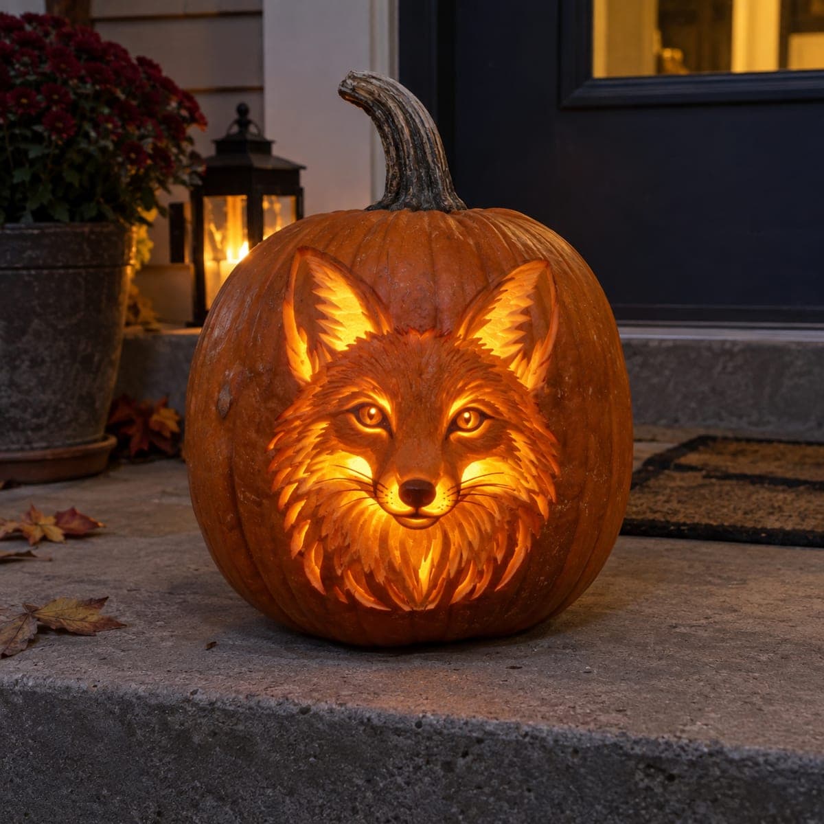 Glowing Fox Face Pumpkin Carving With Layered Fur