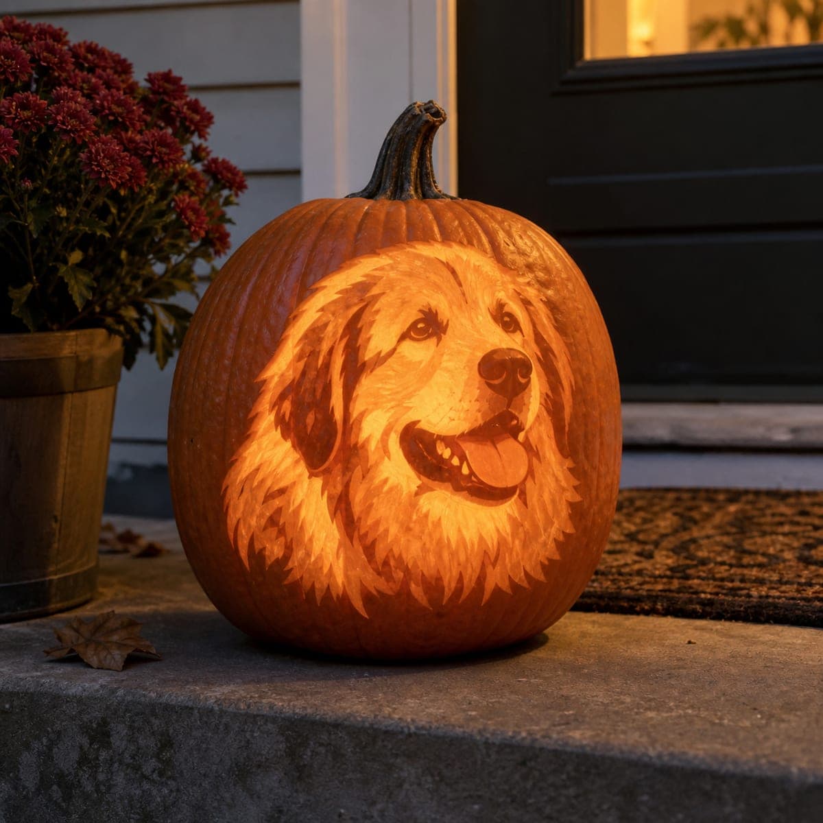 Happy Golden Retriever Etched Pumpkin Portrait
