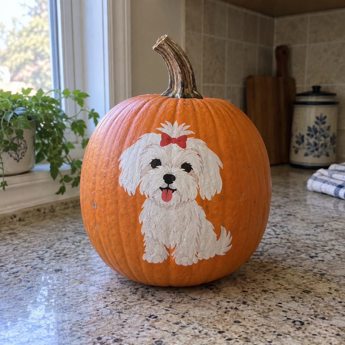 Fluffy Maltese Puppy Painted Pumpkin With Red Bow
