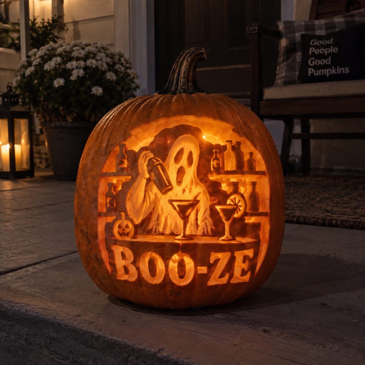Funny Boo-ze Ghost Bartender Pumpkin Carving