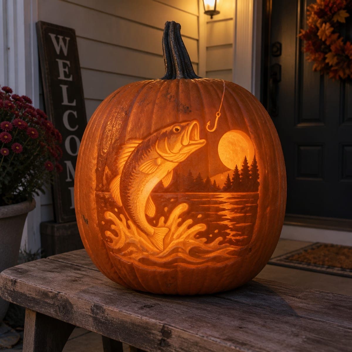 Leaping Bass Fishing Scene Pumpkin Carving