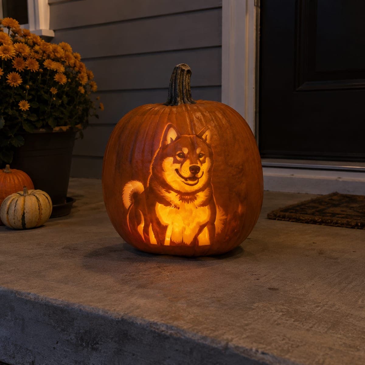 Shiba Inu Etched Pumpkin Carving Portrait
