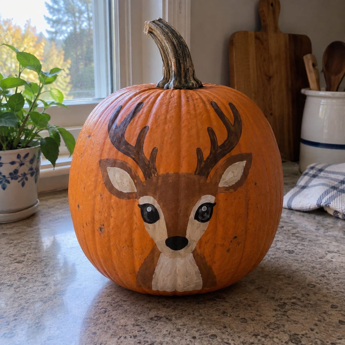 Doe-Eyed Deer Painted Pumpkin With Antlers