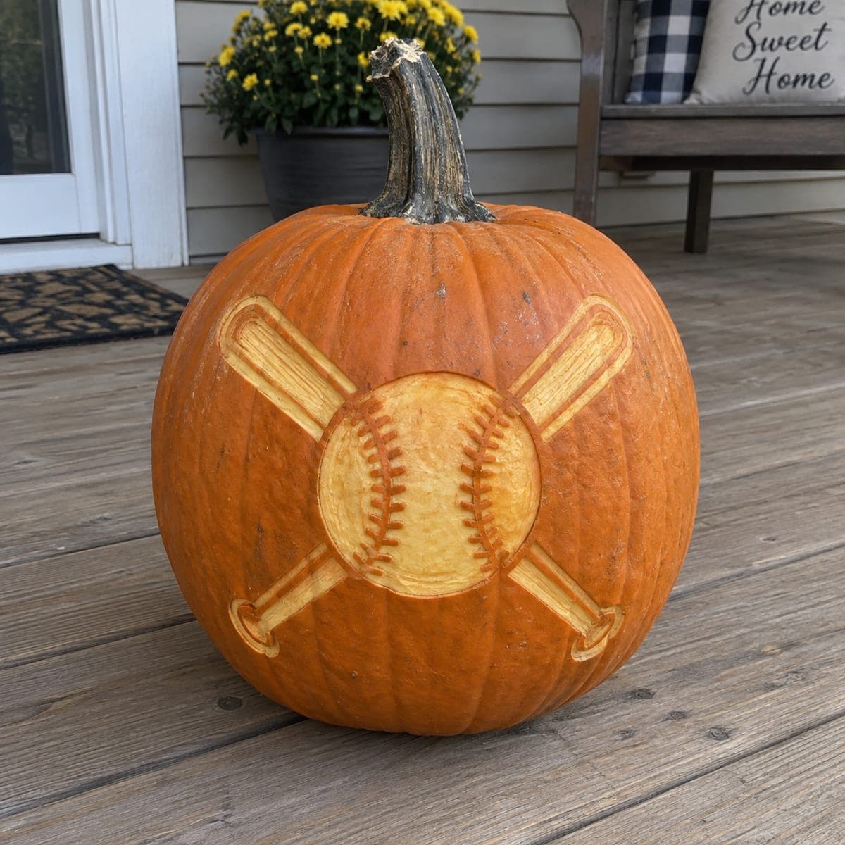 Baseball and Crossed Bats Etched Pumpkin
