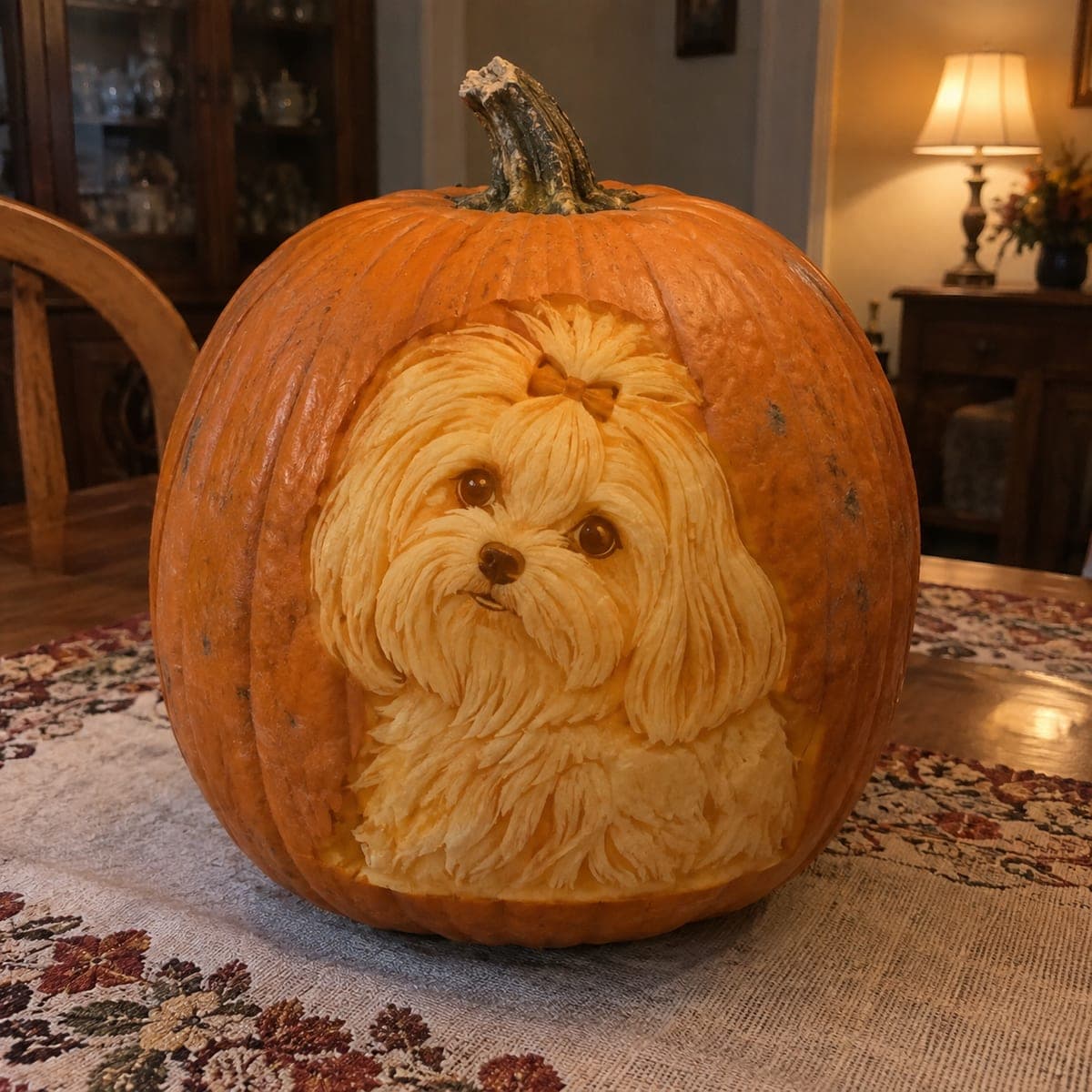 Shih Tzu Puppy Sculpted Pumpkin Relief Portrait