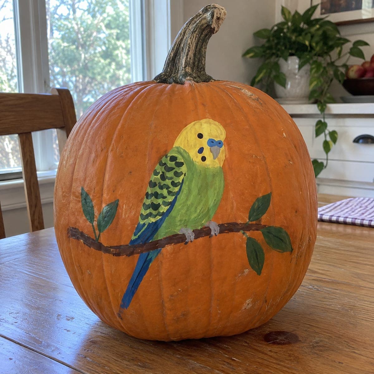 Green Budgie on a Branch Painted Pumpkin
