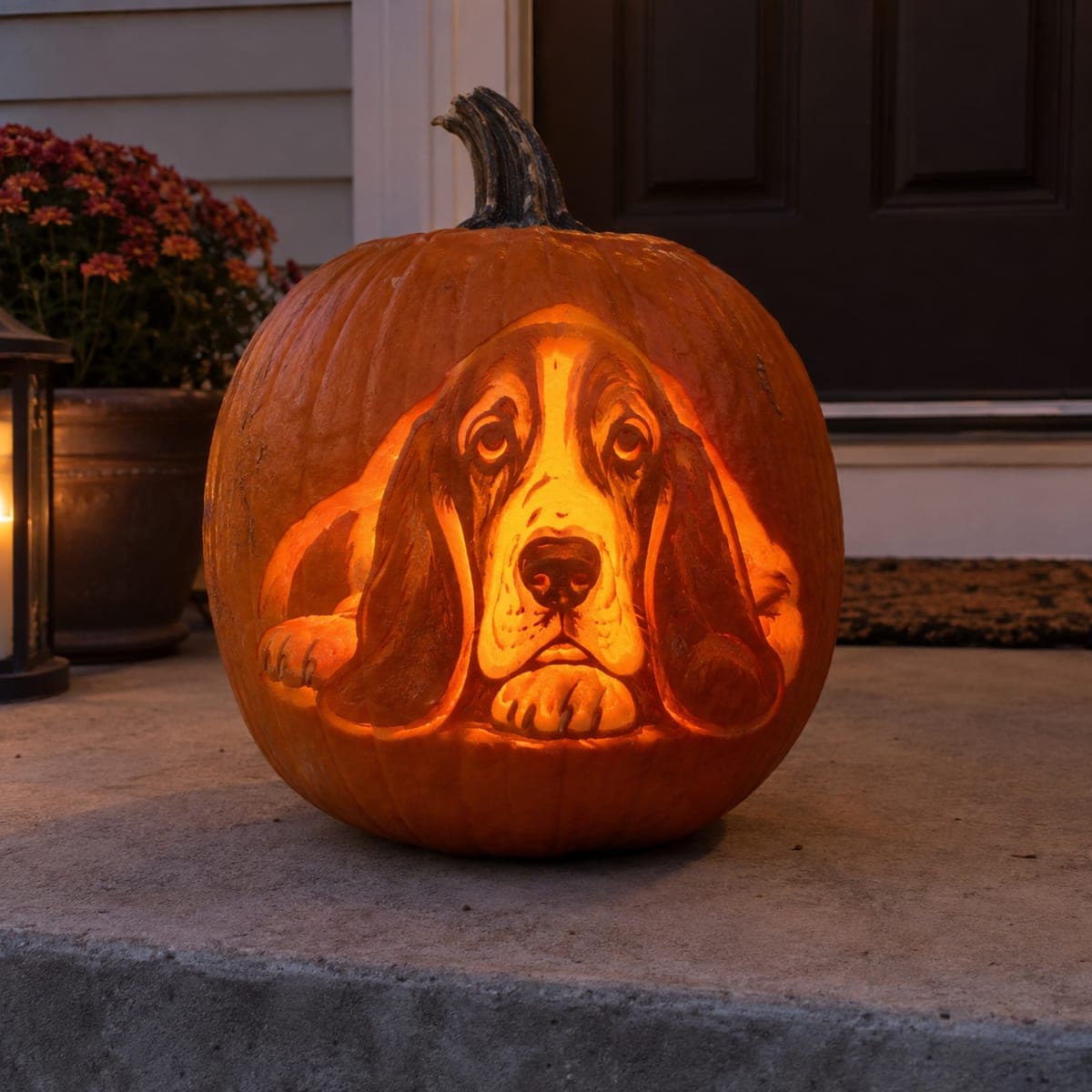 Droopy Basset Hound Glowing Pumpkin Portrait