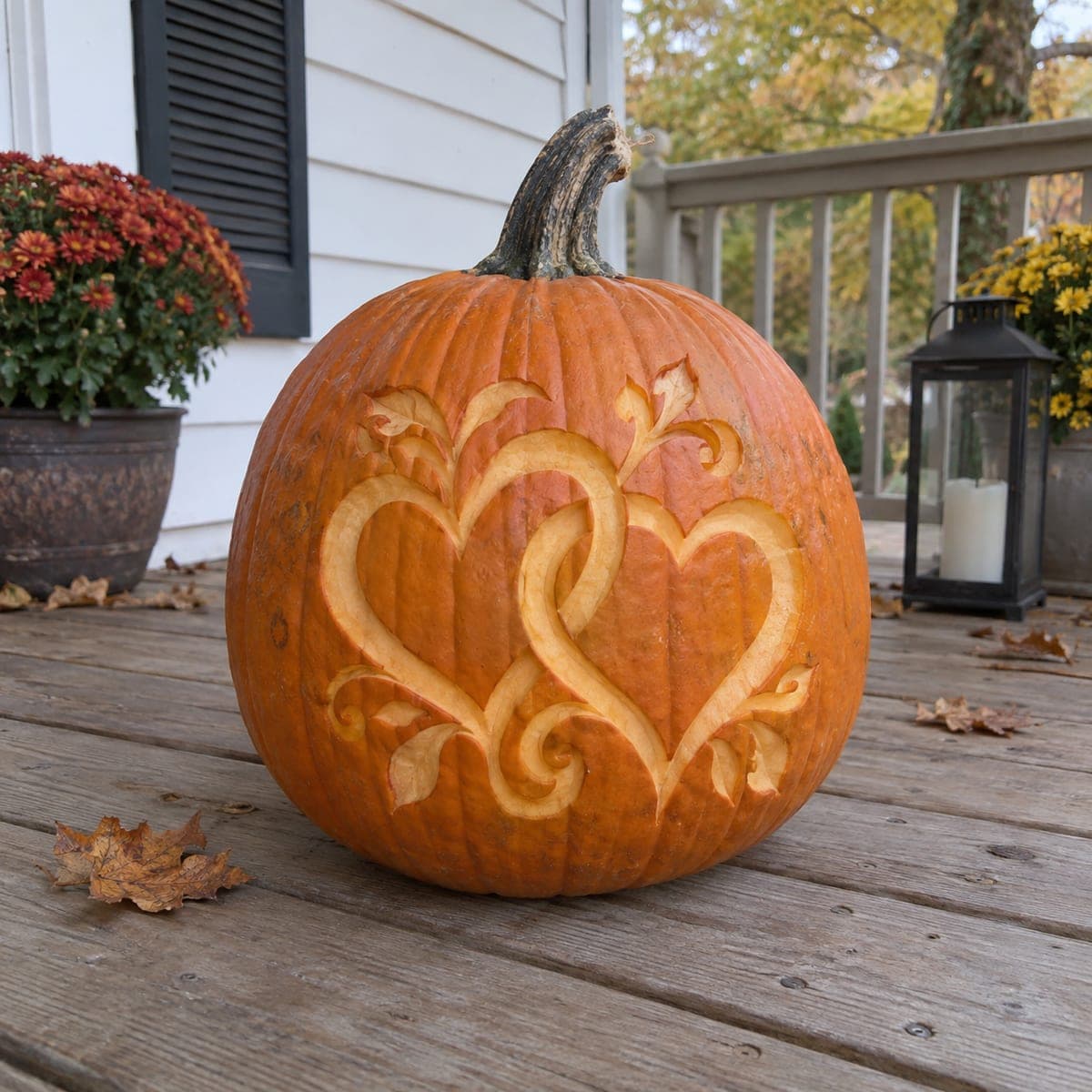Entwined Hearts and Vines Carved Pumpkin