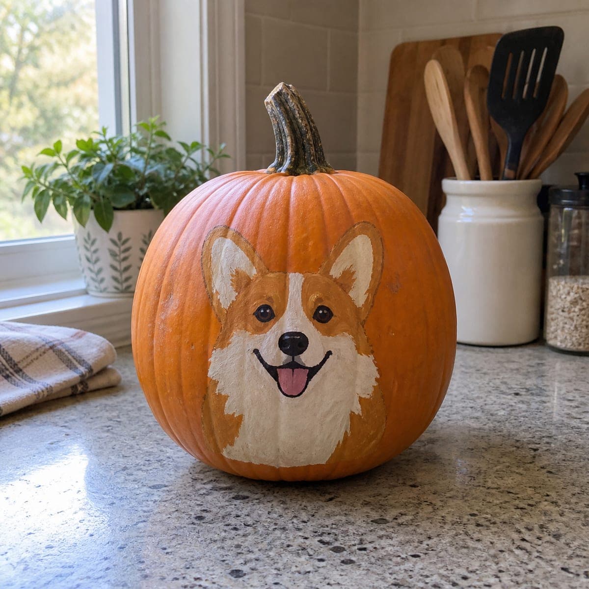 Smiling Corgi Painted Pumpkin Portrait