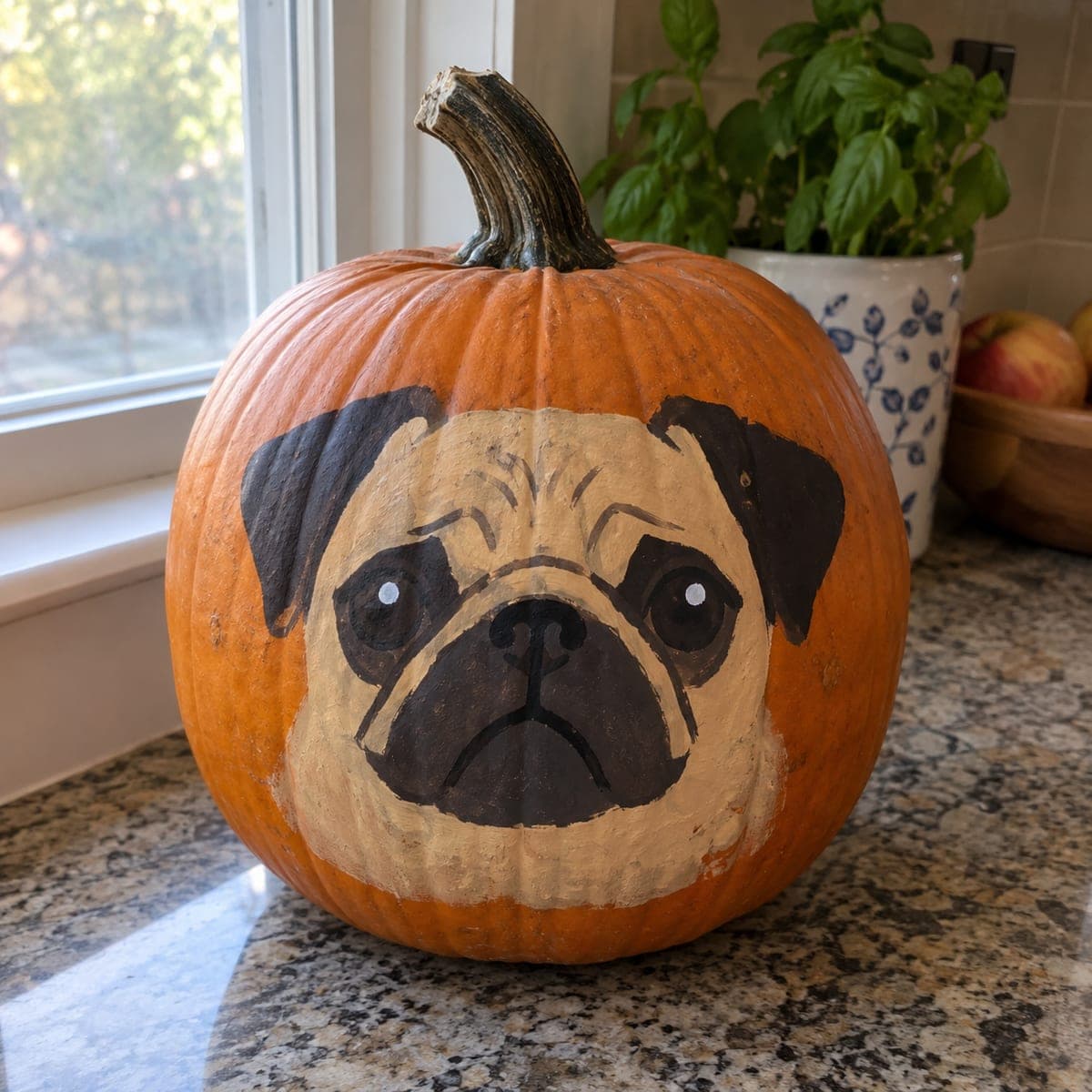 Grumpy Pug Face Painted Pumpkin