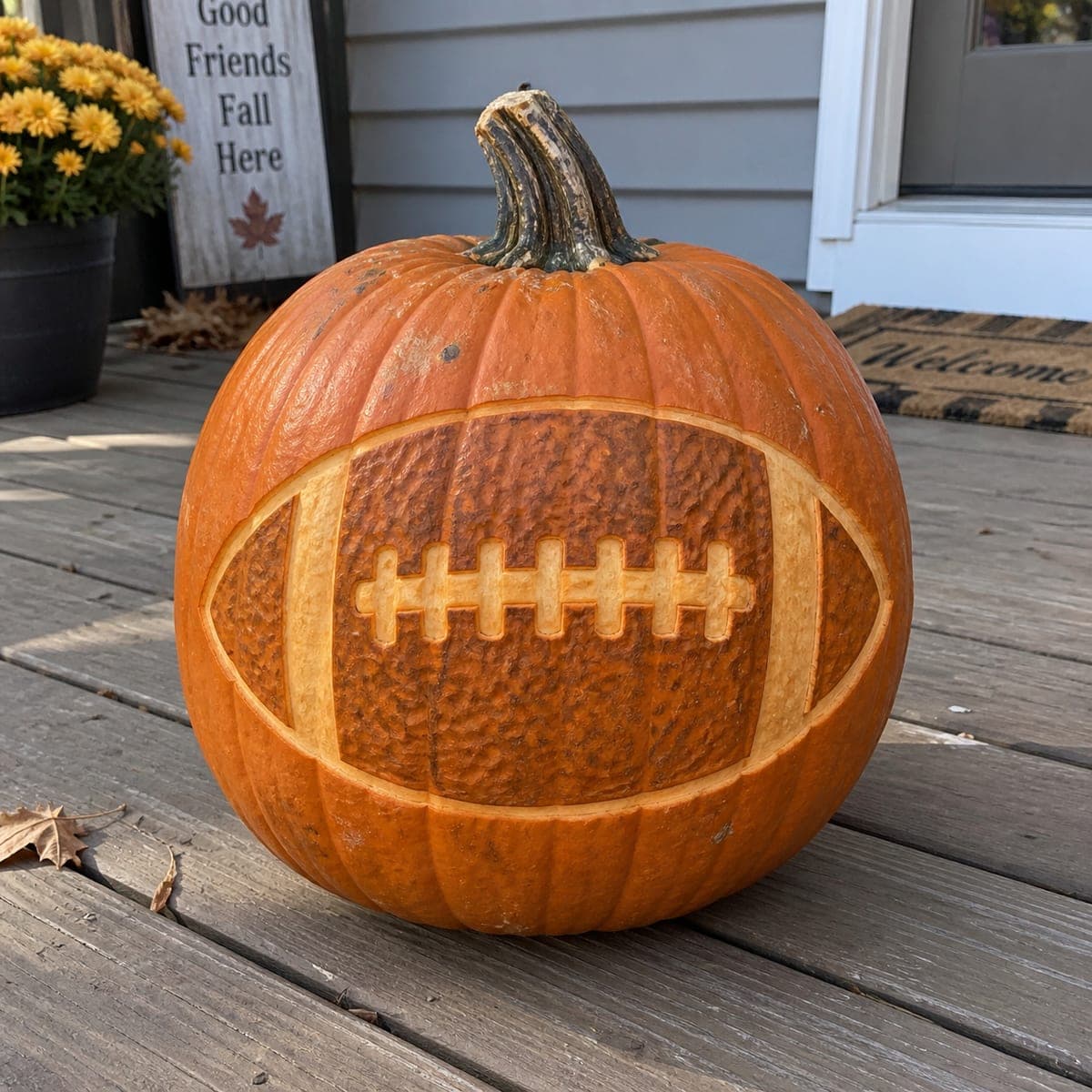 Textured Football Etched Pumpkin for Game Day